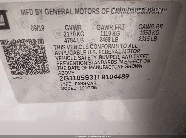 2G1105S31L9104489 2020 CHEVROLET IMPALA Gray Շարժիչի բաժամունքի տեսք