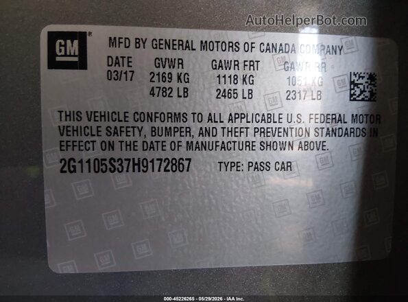 2G1105S37H9172867 2017 CHEVROLET IMPALA Gray ძრავის განყოფილების ხედი
