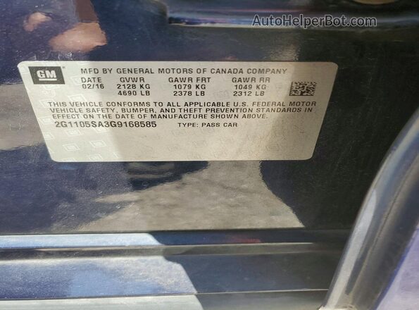 2G1105SA3G9168585 2016 CHEVROLET IMPALA Blue ძრავის განყოფილების ხედი