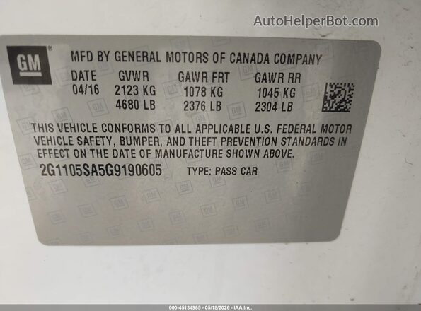 2G1105SA5G9190605 2016 CHEVROLET IMPALA White Widok komory silnika