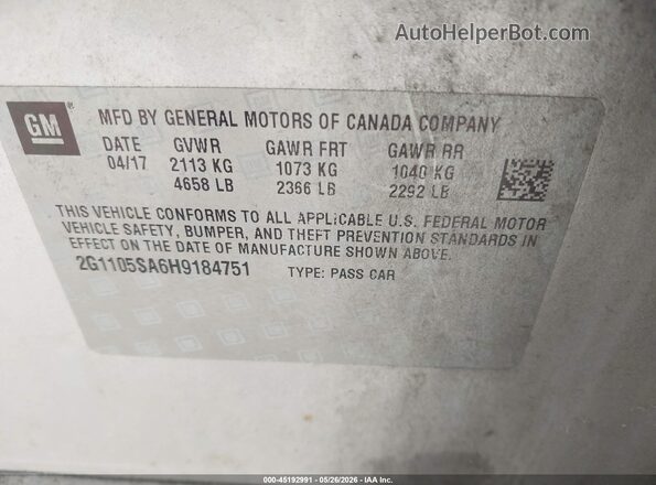 2G1105SA6H9184751 2017 CHEVROLET IMPALA Silver ძრავის განყოფილების ხედი