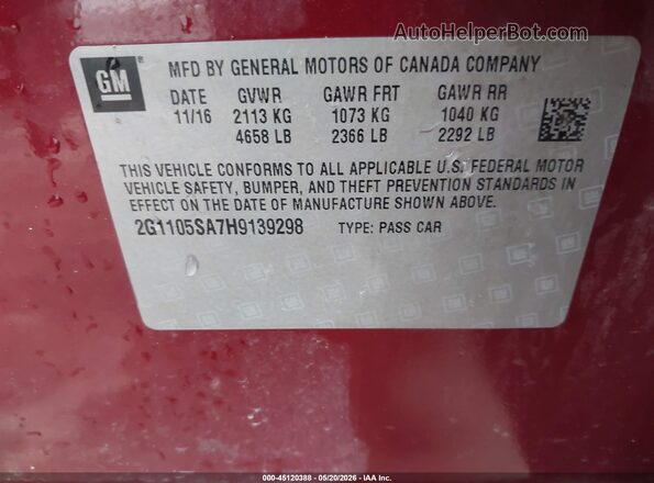 2G1105SA7H9139298 2017 CHEVROLET IMPALA Red Vista del compartimento del motor