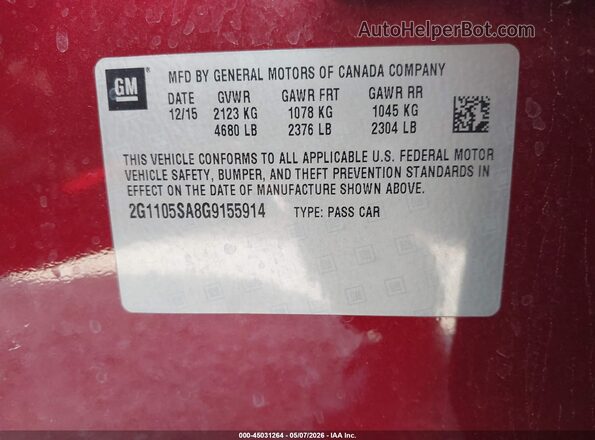 2G1105SA8G9155914 2016 CHEVROLET IMPALA Red Widok komory silnika