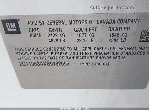 2G1105SAXG9182595 2016 CHEVROLET IMPALA White Vista del compartimento del motor