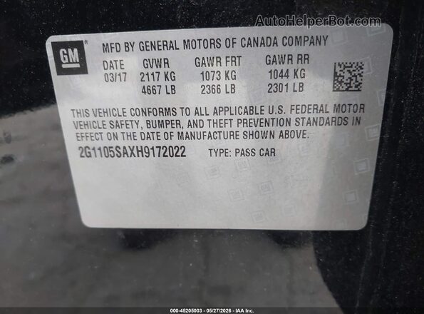 2G1105SAXH9172022 2017 CHEVROLET IMPALA Black Widok komory silnika