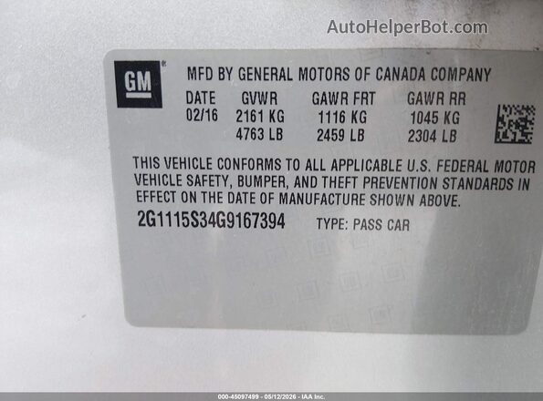 2G1115S34G9167394 2016 CHEVROLET IMPALA Silver ძრავის განყოფილების ხედი