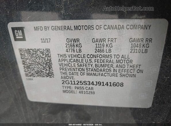 2G1125S34J9141608 2018 CHEVROLET IMPALA Gray ძრავის განყოფილების ხედი