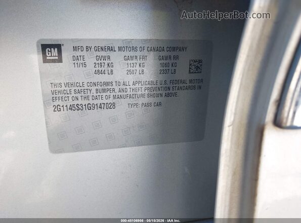 2G1145S31G9147028 2016 CHEVROLET IMPALA Silver Շարժիչի բաժամունքի տեսք