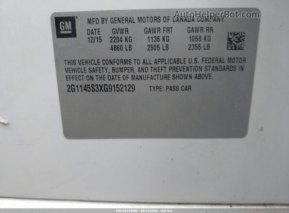 2G1145S3XG9152129 2016 CHEVROLET IMPALA White Вид підкапотного простору