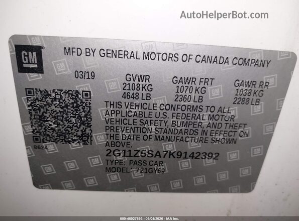2G11Z5SA7K9142392 2019 CHEVROLET IMPALA White 