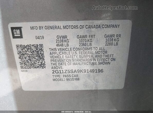 2G11Z5SA9K9149196 2019 CHEVROLET IMPALA Серый Вид подкапотного пространства
