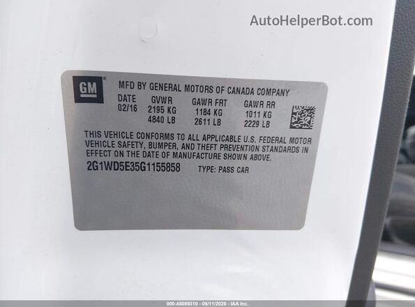 2G1WD5E35G1155858 2016 CHEVROLET IMPALA Белый Вид подкапотного пространства