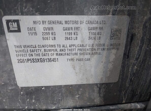 2G61P5S3XG9136451 2016 CADILLAC XTS Gray Vista del compartimento del motor