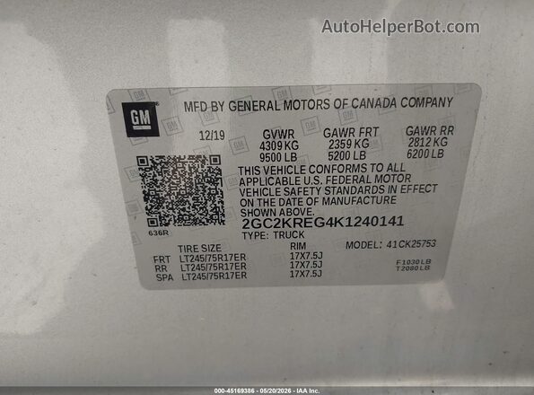 2GC2KREG4K1240141 2019 CHEVROLET SILVERADO Silver Widok komory silnika