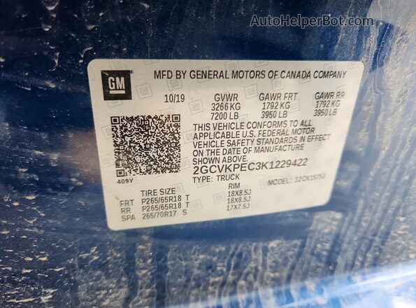 2GCVKPEC3K1229422 2019 CHEVROLET SILVERADO Blue 