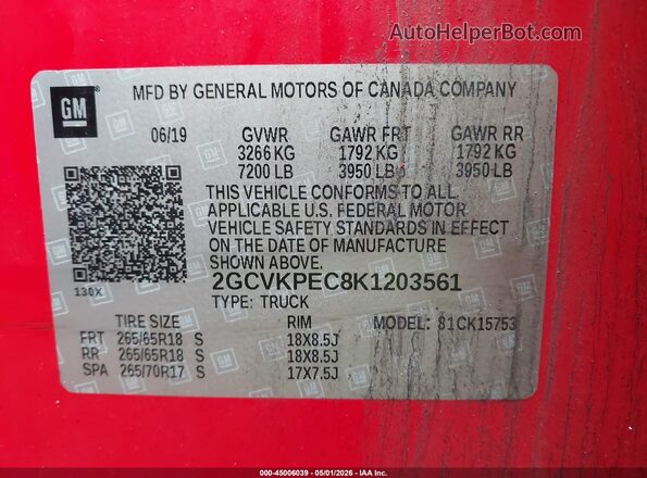 2GCVKPEC8K1203561 2019 CHEVROLET SILVERADO Red 