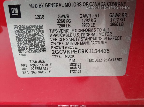 2GCVKPEC9K1154435 2019 CHEVROLET SILVERADO Red 