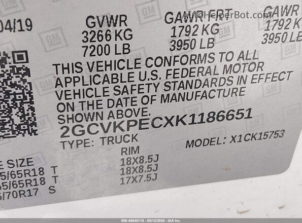 2GCVKPECXK1186651 2019 CHEVROLET SILVERADO White 
