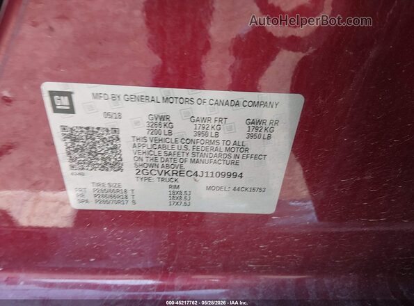 2GCVKREC4J1109994 2018 CHEVROLET SILVERADO Maroon Engine compartment view