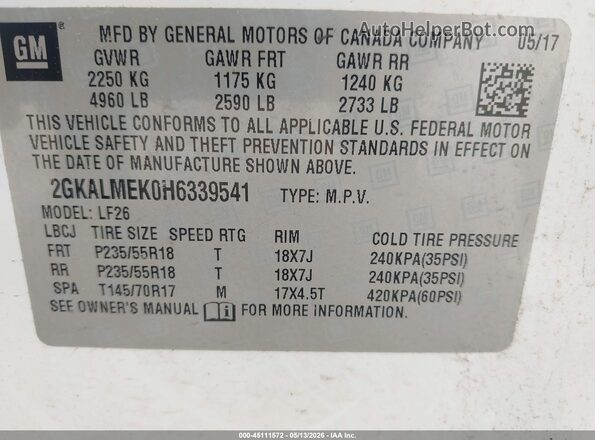 2GKALMEK0H6339541 2017 GMC TERRAIN White 