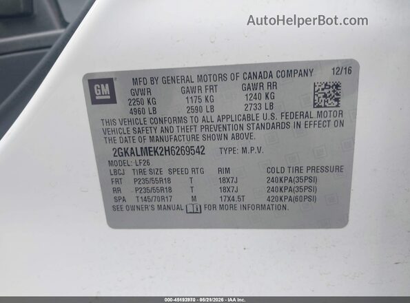 2GKALMEK2H6269542 2017 GMC TERRAIN White Widok komory silnika