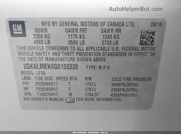 2GKALMEK6G6150228 2016 GMC TERRAIN Silver 