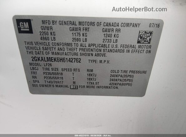 2GKALMEK6H6142762 2017 GMC TERRAIN White Շարժիչի բաժամունքի տեսք