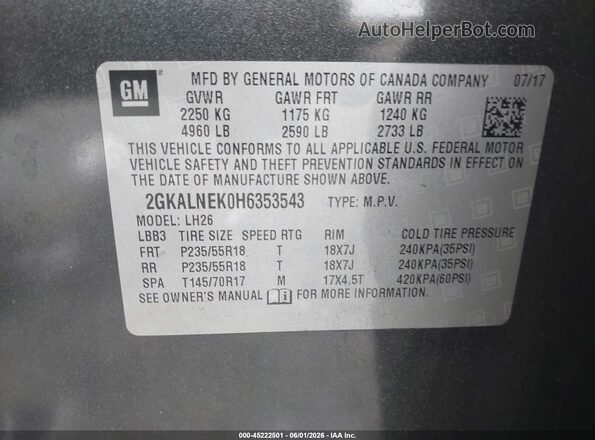 2GKALNEK0H6353543 2017 GMC TERRAIN Gray ძრავის განყოფილების ხედი