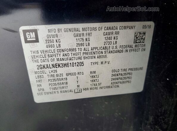 2GKALNEK3H6101205 2017 GMC TERRAIN Blue Vista de la etiqueta del VIN