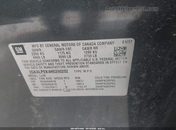 2GKALPEK4H6290202 2017 GMC TERRAIN Gray Շարժիչի բաժամունքի տեսք