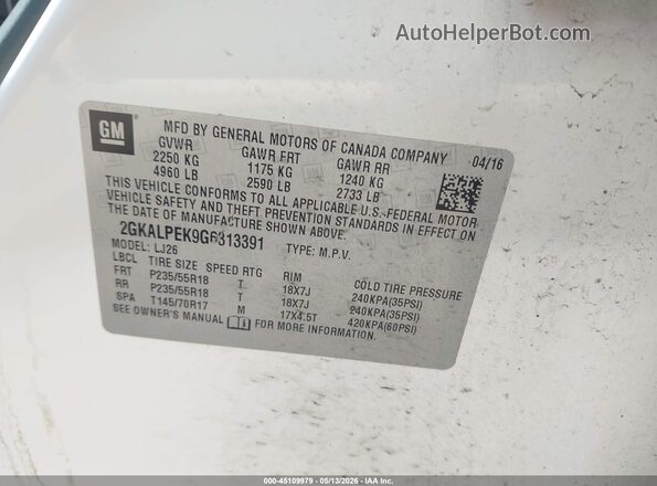2GKALPEK9G6313391 2016 GMC TERRAIN White Engine compartment view