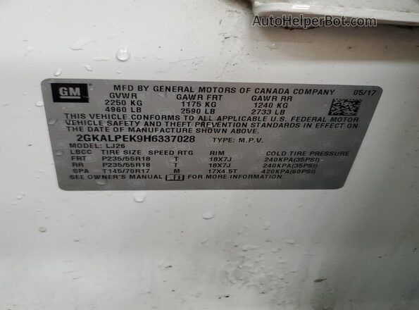 2GKALPEK9H6337028 2017 GMC TERRAIN White Панорамний вид салону 360°