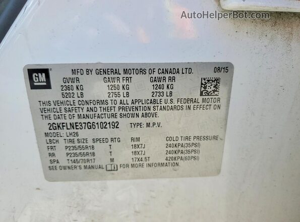 2GKFLNE37G6102192 2016 GMC TERRAIN Белый Вид наклейки с VIN-кодом