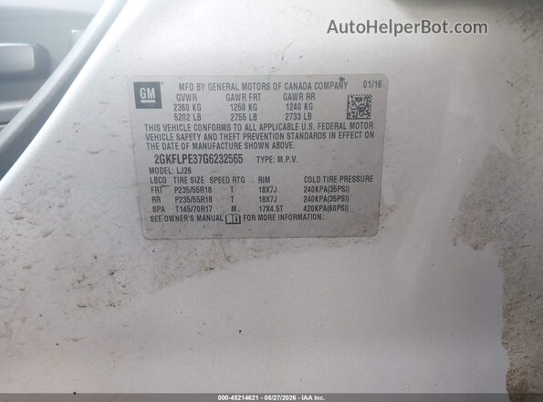 2GKFLPE37G6232565 2016 GMC TERRAIN Silver 