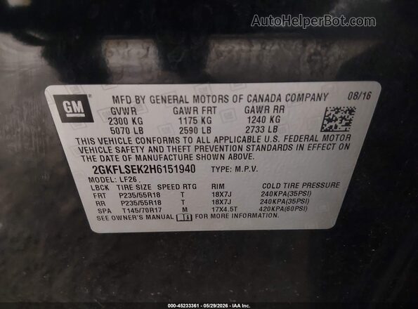 2GKFLSEK2H6151940 2017 GMC TERRAIN Black Շարժիչի բաժամունքի տեսք