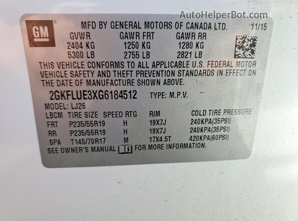 2GKFLUE3XG6184512 2016 GMC TERRAIN White Engine compartment view