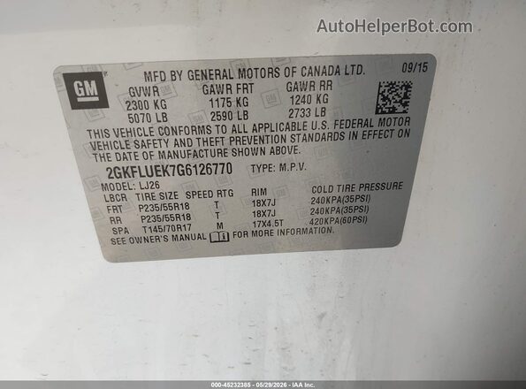 2GKFLUEK7G6126770 2016 GMC TERRAIN Белый Вид подкапотного пространства
