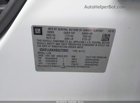 2GKFLUEKXG6272855 2016 GMC TERRAIN White Շարժիչի բաժամունքի տեսք