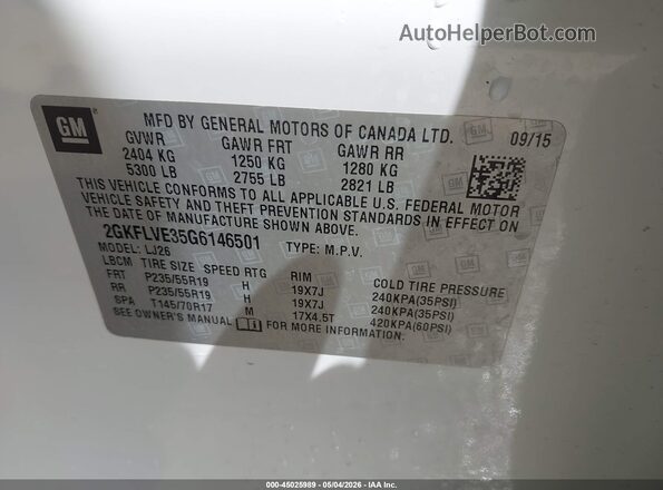 2GKFLVE35G6146501 2016 GMC TERRAIN White 