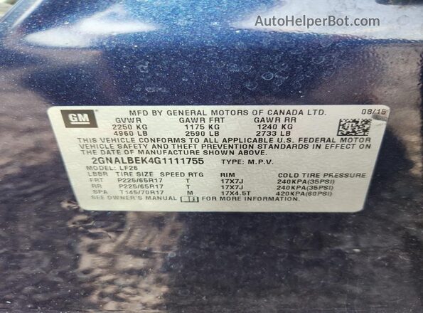 2GNALBEK4G1111755 2016 CHEVROLET EQUINOX Blue 