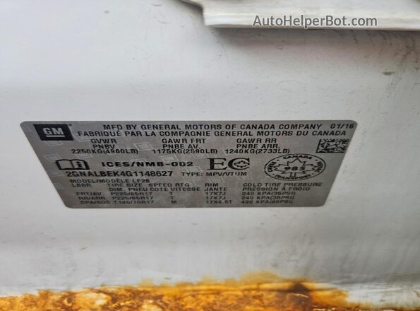 2GNALBEK4G1148627 2016 CHEVROLET EQUINOX White VIN კოდის სტიკერის ხედი