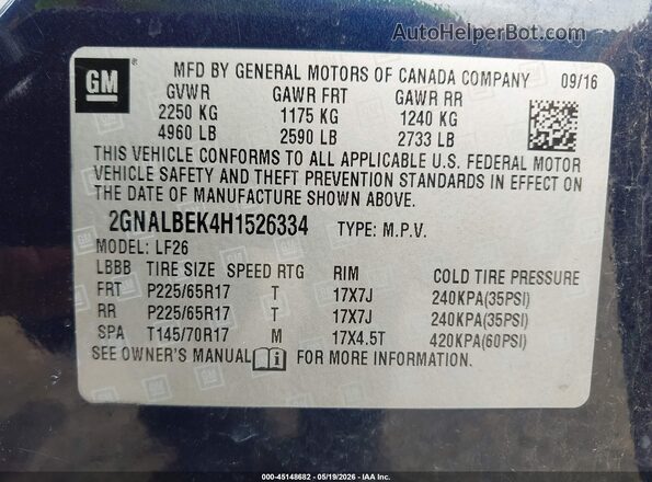 2GNALBEK4H1526334 2017 CHEVROLET EQUINOX Dark Blue ძრავის განყოფილების ხედი