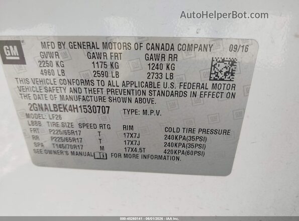 2GNALBEK4H1530707 2017 CHEVROLET EQUINOX White ძრავის განყოფილების ხედი