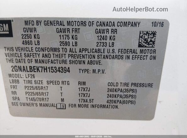 2GNALBEK7H1534394 2017 CHEVROLET EQUINOX White Вид підкапотного простору