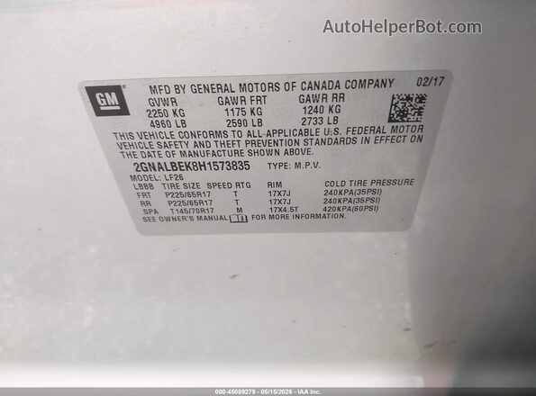 2GNALBEK8H1573835 2017 CHEVROLET EQUINOX Silver Շարժիչի բաժամունքի տեսք