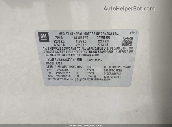 2GNALBEK9G1129796 2016 CHEVROLET EQUINOX Gold 