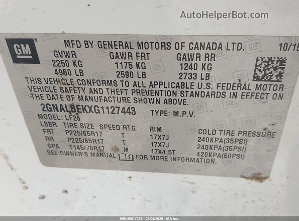 2GNALBEKXG1127443 2016 CHEVROLET EQUINOX White 
