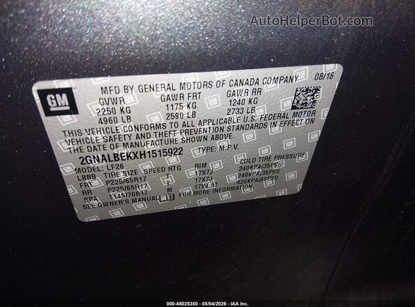 2GNALBEKXH1515922 2017 CHEVROLET EQUINOX Серый Вид подкапотного пространства