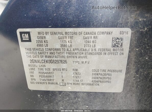 2GNALCEK0G6297626 2016 CHEVROLET EQUINOX Blue 