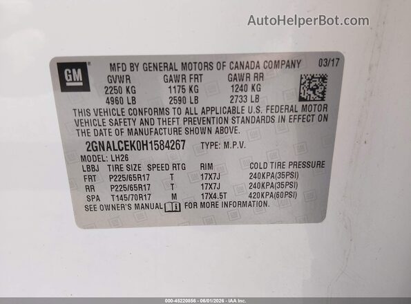 2GNALCEK0H1584267 2017 CHEVROLET EQUINOX White Vista del compartimento del motor